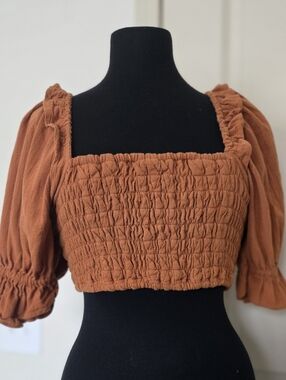 Free People Burnt Orange Smocked Square Crop Top